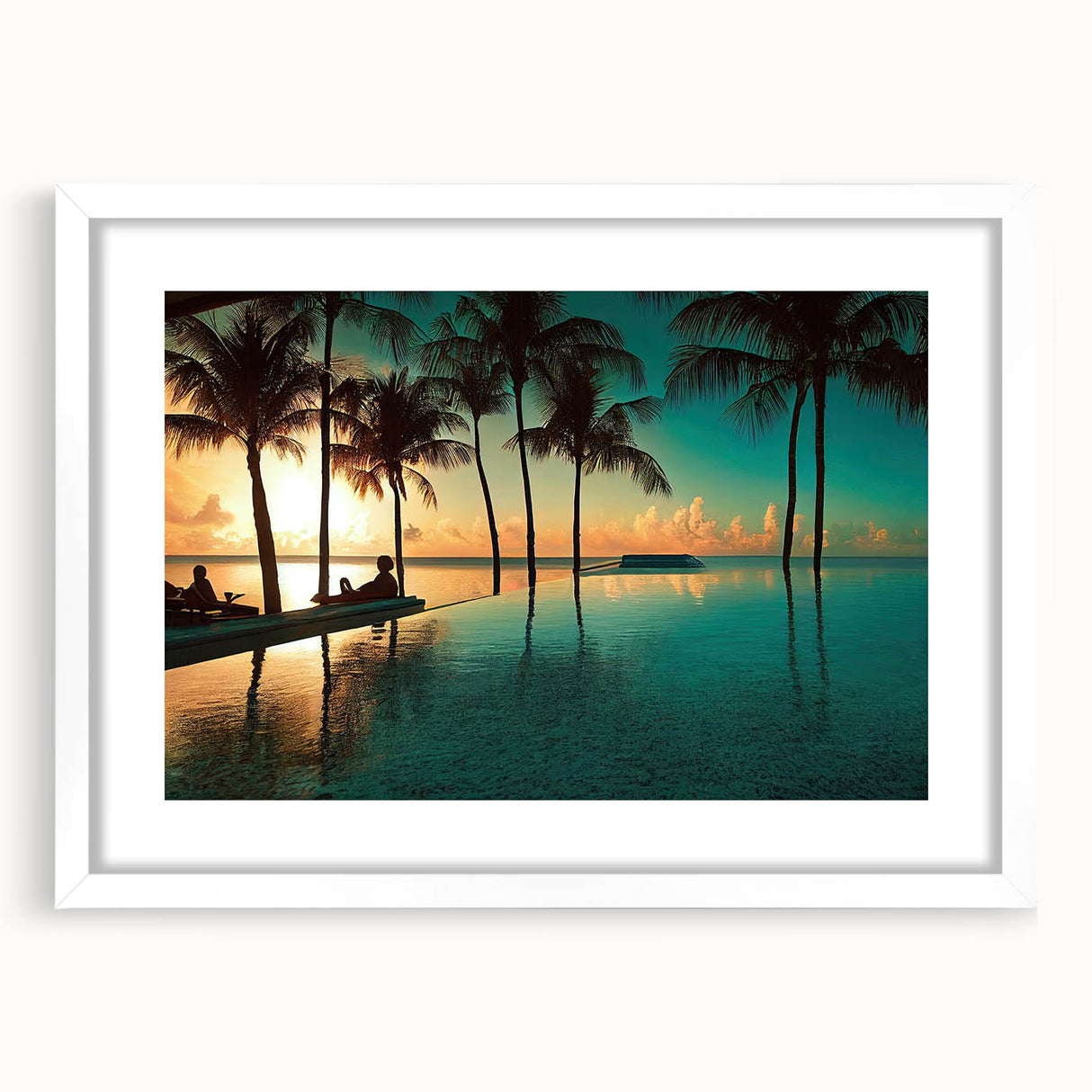 Textured abstract art print featuring a Caribbean scenery in muted blue and green tones, framed with a white mat.
