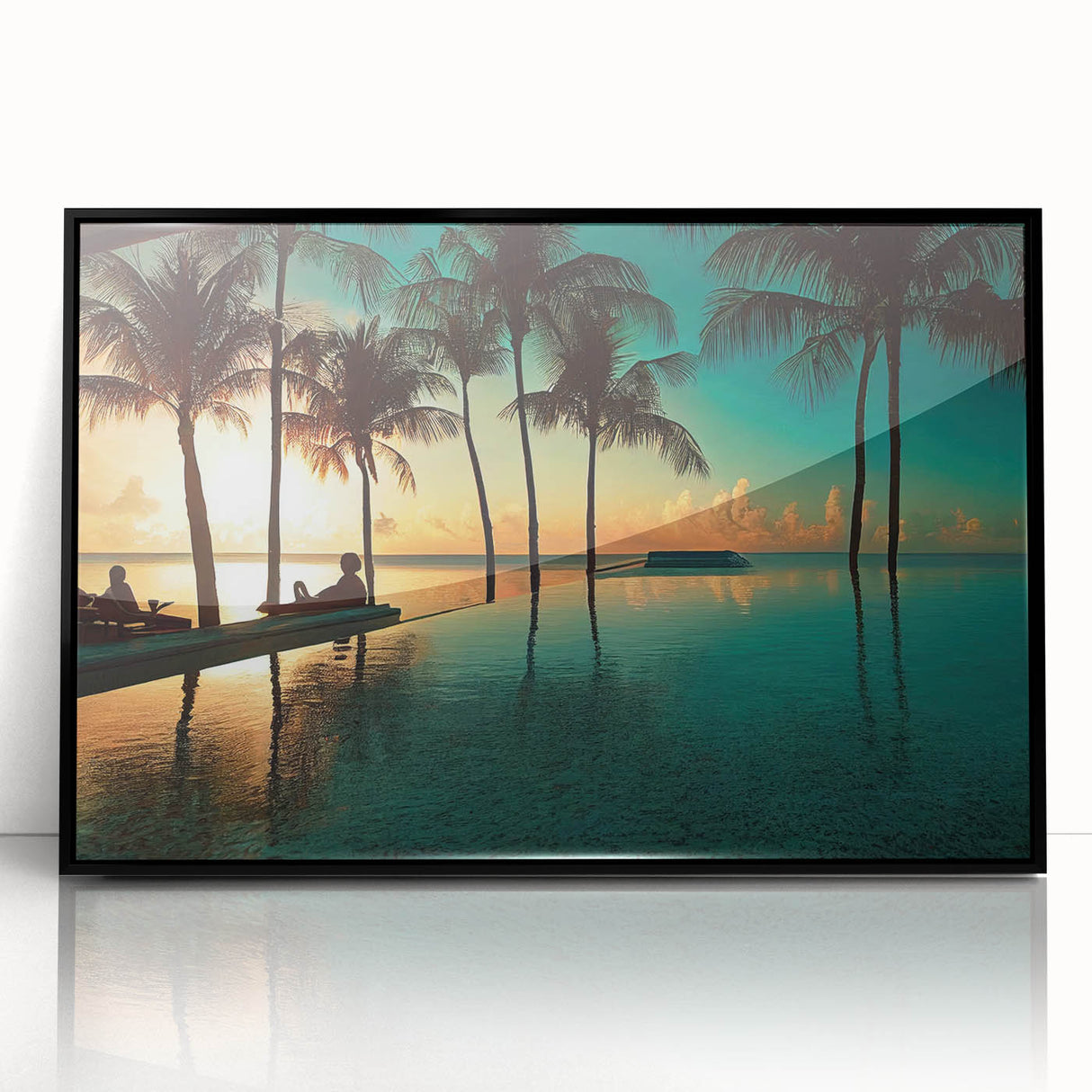 Large abstract wall art featuring a Caribbean Jamaica scenery in vibrant colors, framed in black acrylic.