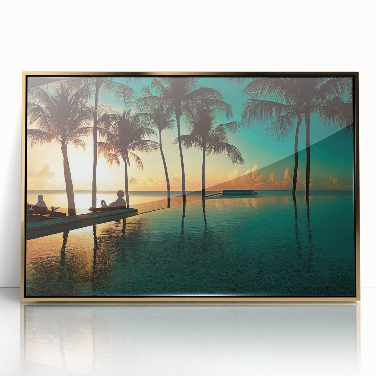 Mid-century modernist art depicting a serene Caribbean scene in muted gold and blue tones on framed acrylic.