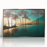 Art deco poster of a Caribbean Jamaica scenery, in silver framed acrylic, ideal for modern art wall decor.