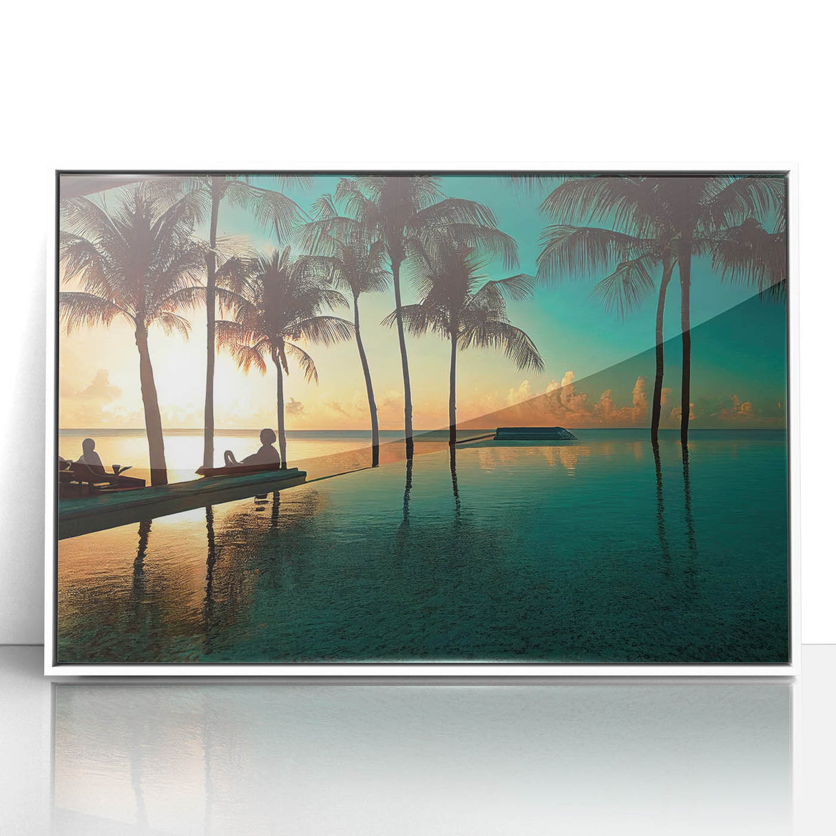 Large art print of a Caribbean scenery in mid-century modernist style, framed in white acrylic.