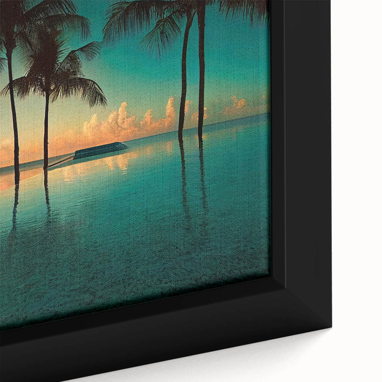 Extra large black wall art featuring a textured Caribbean scenery on framed canvas, with vibrant colors.