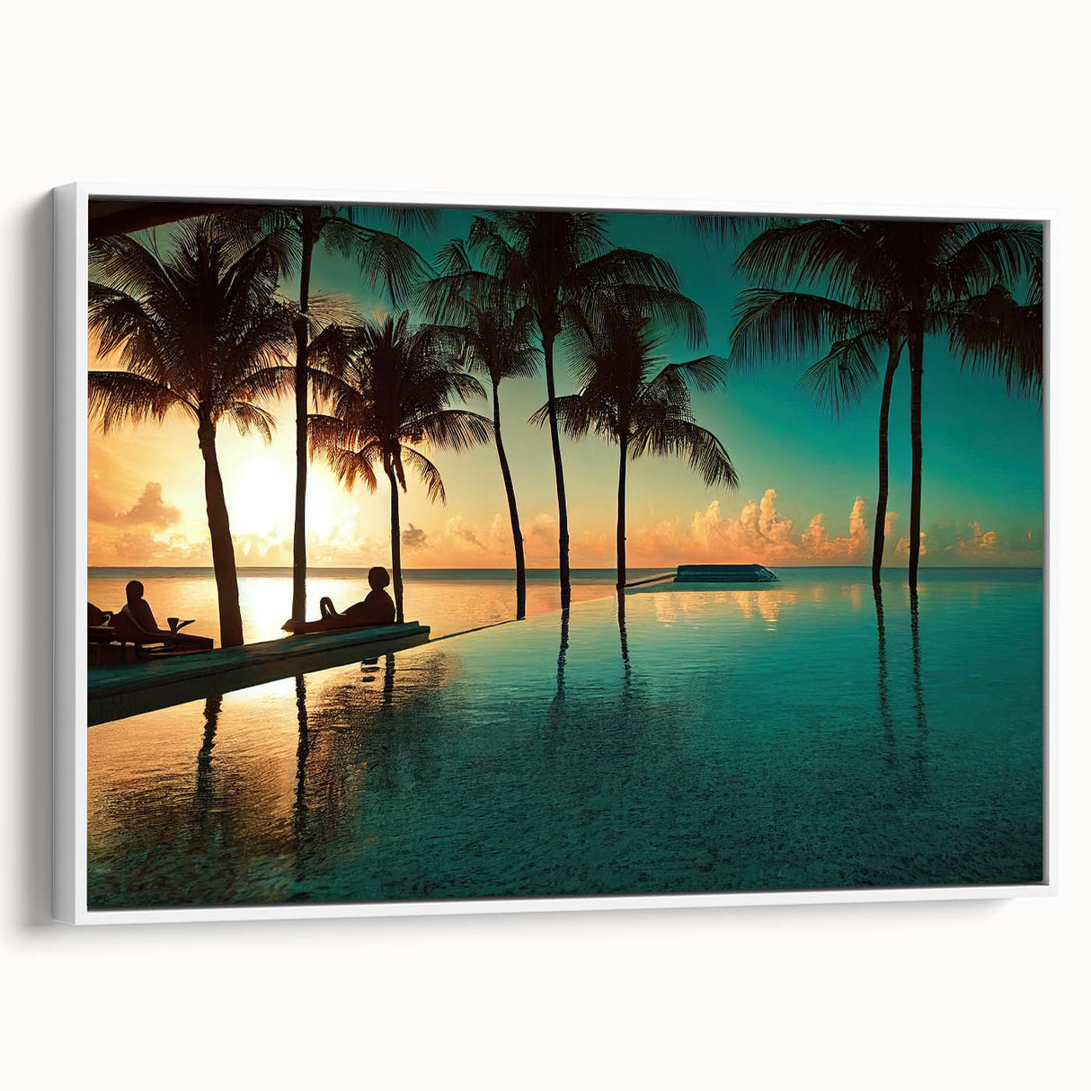 Vintage poster art of a Caribbean Jamaican scenery on a large framed canvas, featuring vibrant colors.