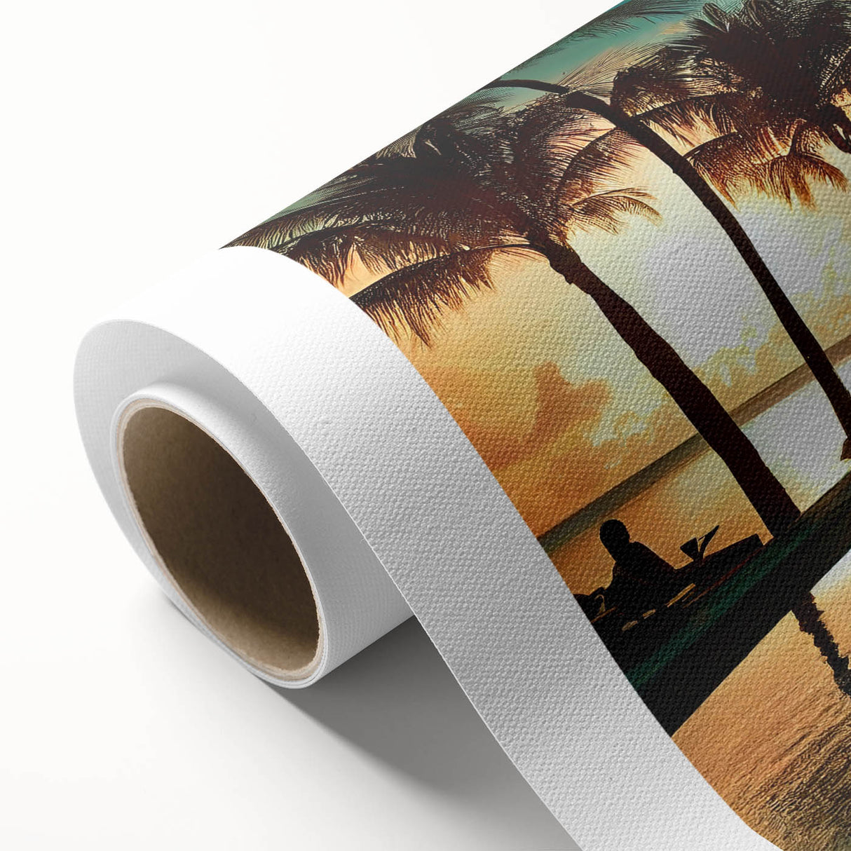Art deco poster of a Caribbean scenery in pastel shades on a rolled canvas, suitable for nursery wall art or dining room.
