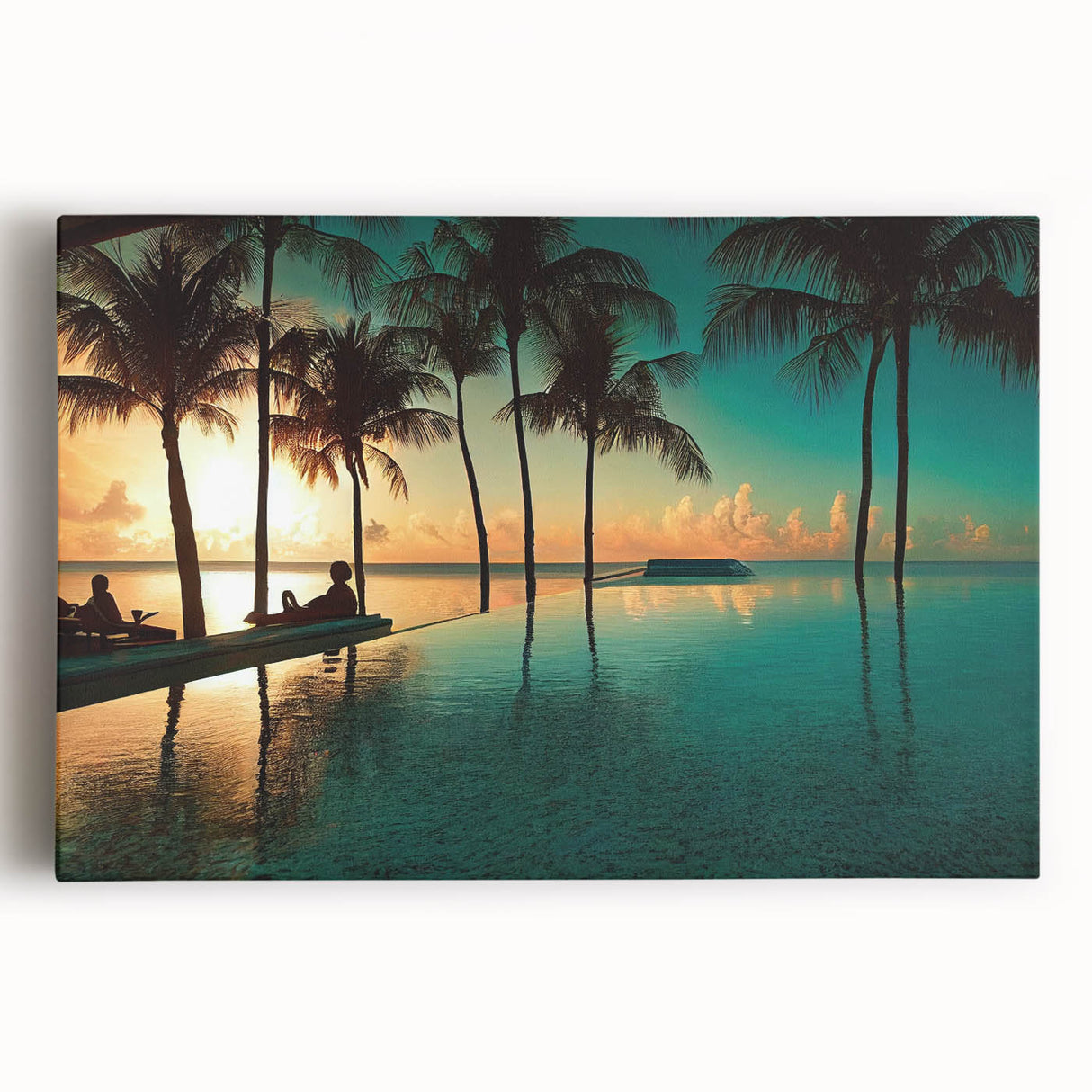 Black and white stretched canvas featuring a serene Caribbean beach scene, ideal for kitchen wall art.