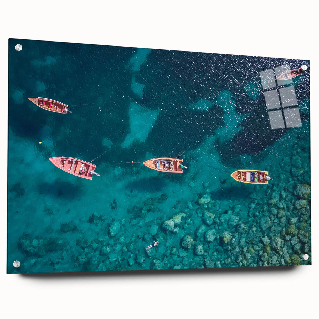 Acrylic glass print of a Caribbean Martinique scenery in vibrant blue and green tones.