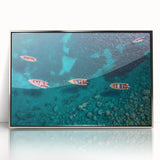 Art deco poster of a Caribbean Martinique scenery in acrylic, framed in silver, ideal for modern art wall decor.