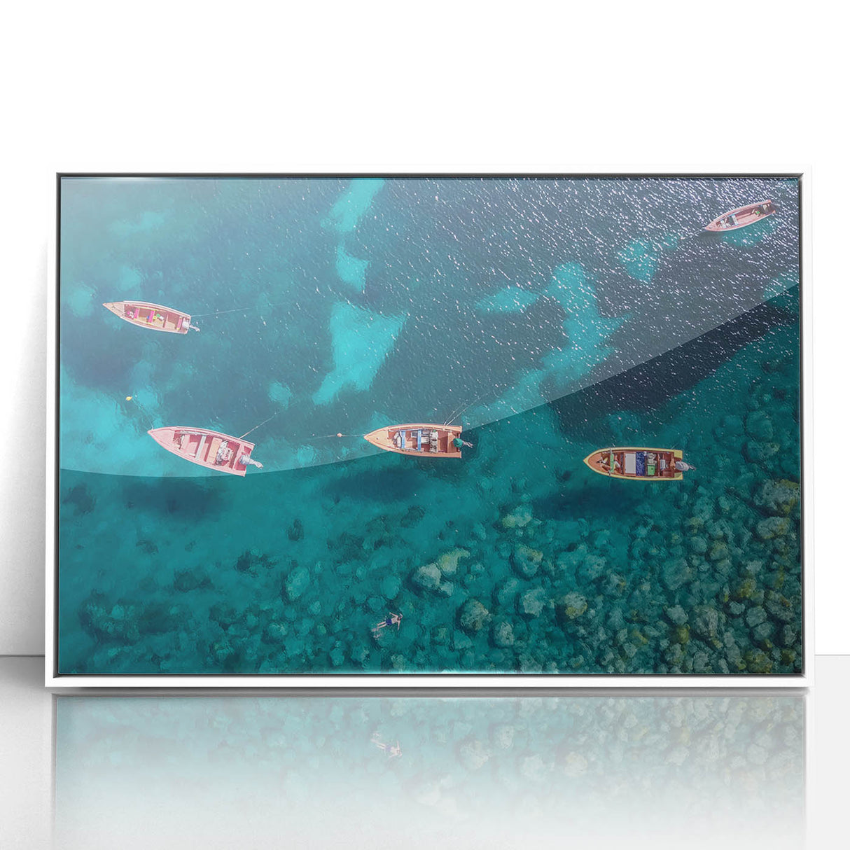 Large art print of a Caribbean Martinique scenery in mid-century modernist style, framed in white acrylic.