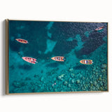Framed canvas landscape art of Martinique with lush greenery and ocean view in muted green and blue tones.