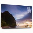 Acrylic print of a Caribbean scenery with vibrant blue and green tones, ideal for dining room decor.