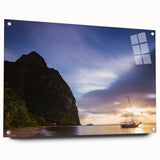 Acrylic print of a Caribbean scenery with vibrant blue and green tones, ideal for dining room decor.