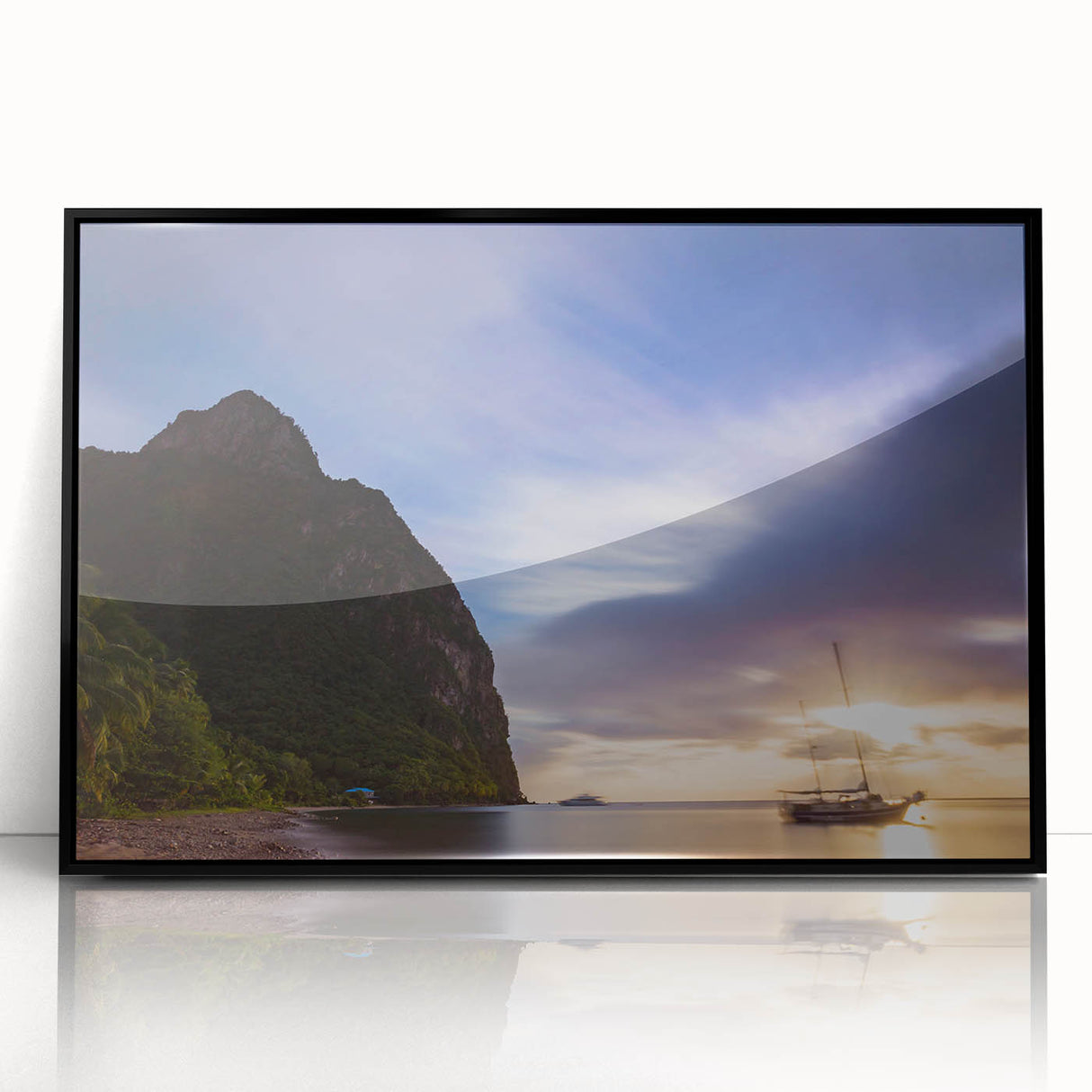 Large abstract wall art depicting the Caribbean Saint Lucia scenery in vibrant blue and green tones, framed in black acrylic.