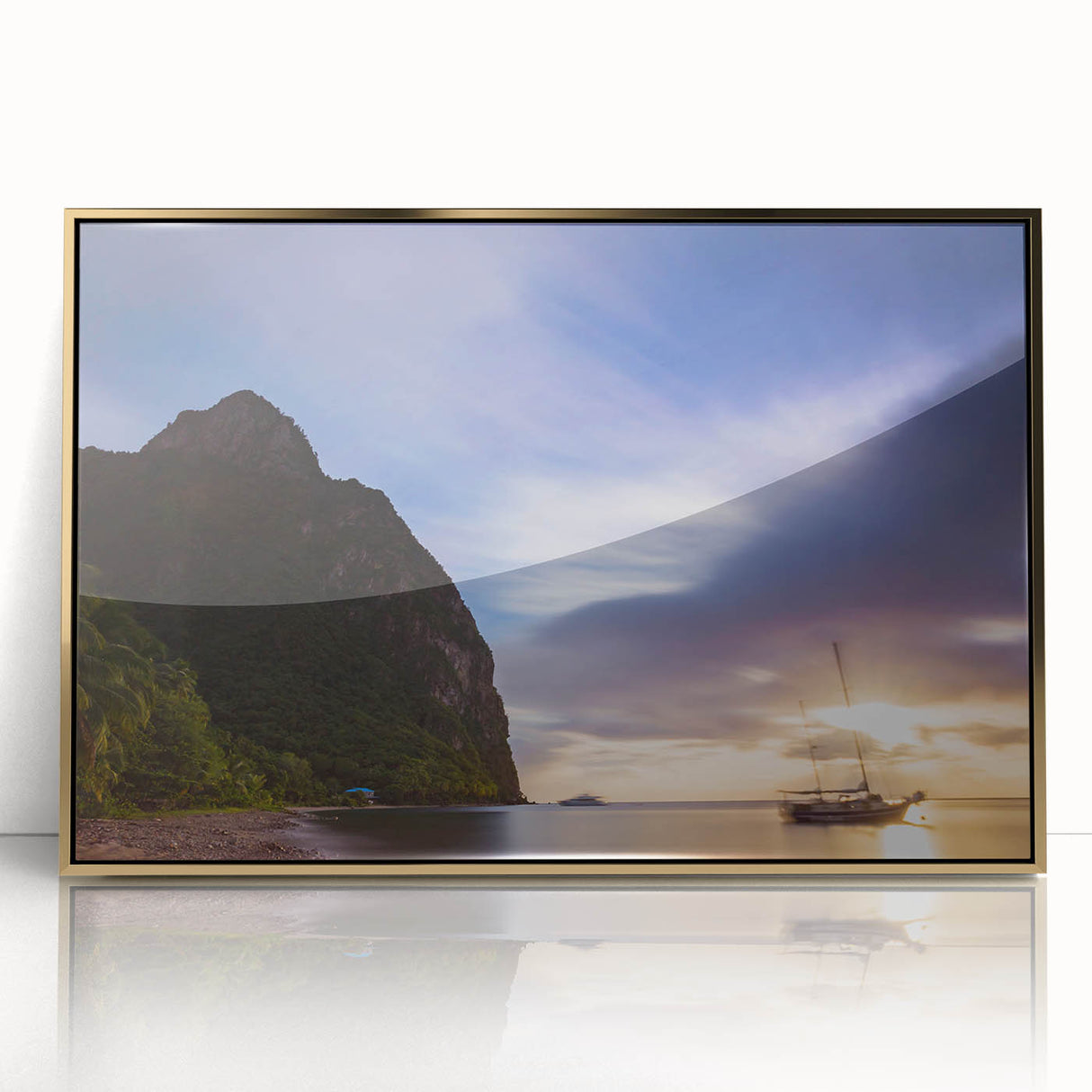 Acrylic print of a Caribbean scenery in Saint Lucia with vivid blue and green colors, framed in gold.