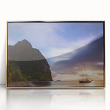 Acrylic print of a Caribbean scenery in Saint Lucia with vivid blue and green colors, framed in gold.