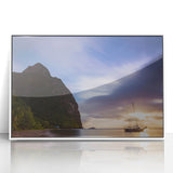 Art deco poster of Saint Lucia scenery in vibrant hues on white framed acrylic, ideal for modern nursery wall decor.