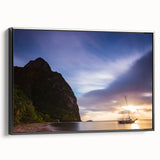 Black and white framed canvas depicting a vintage-style landscape of Saint Lucia, ideal for bedroom wall art.