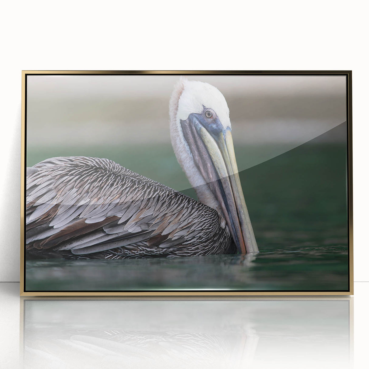 Acrylic print of a Caribbean Virgin Islands scenery in art deco style, with vivid blue and green tones, framed in gold.