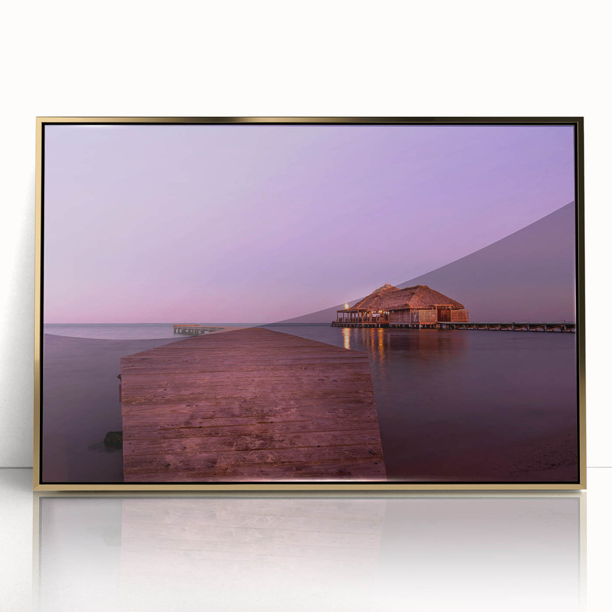 Framed acrylic print of a Belizean landscape in a mid-century modernist style, featuring green and gold tones.