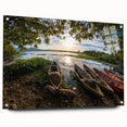 Large abstract wall art depicting a Central American landscape in vibrant greens and blues on acrylic glass.