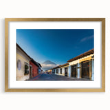 Extra large abstract art print depicting textured scenery of Central America, in a gold frame, ideal for living room decor.