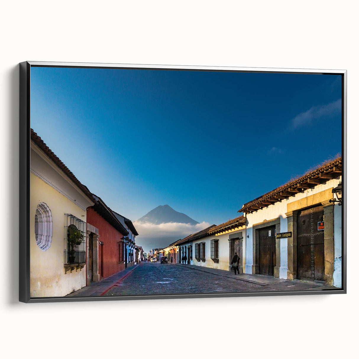 Black and white framed canvas featuring a vintage-style landscape of a Guatemalan scenery, ideal for bedroom wall decor.