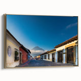 Framed canvas of a vintage-style Guatemalan landscape in black and gold tones, ideal for bedroom wall art.