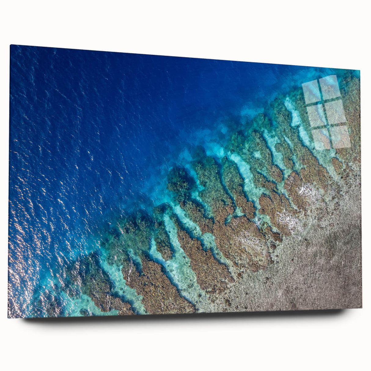 Large abstract wall art depicting a Central American landscape in vibrant green and blue tones on acrylic glass.