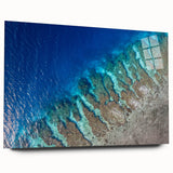 Large abstract wall art depicting a Central American landscape in vibrant green and blue tones on acrylic glass.