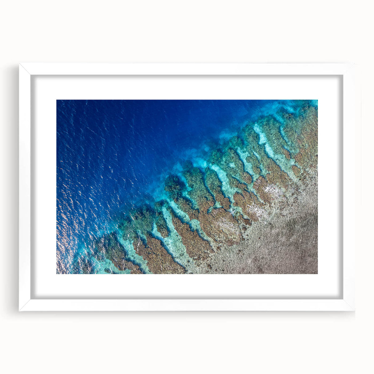 Abstract art print of a Central American landscape in muted earth tones on a framed white mat, ideal for dining room decor.