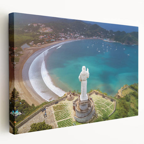 Large art print of a Central American landscape on stretched canvas, featuring vibrant green and blue tones.