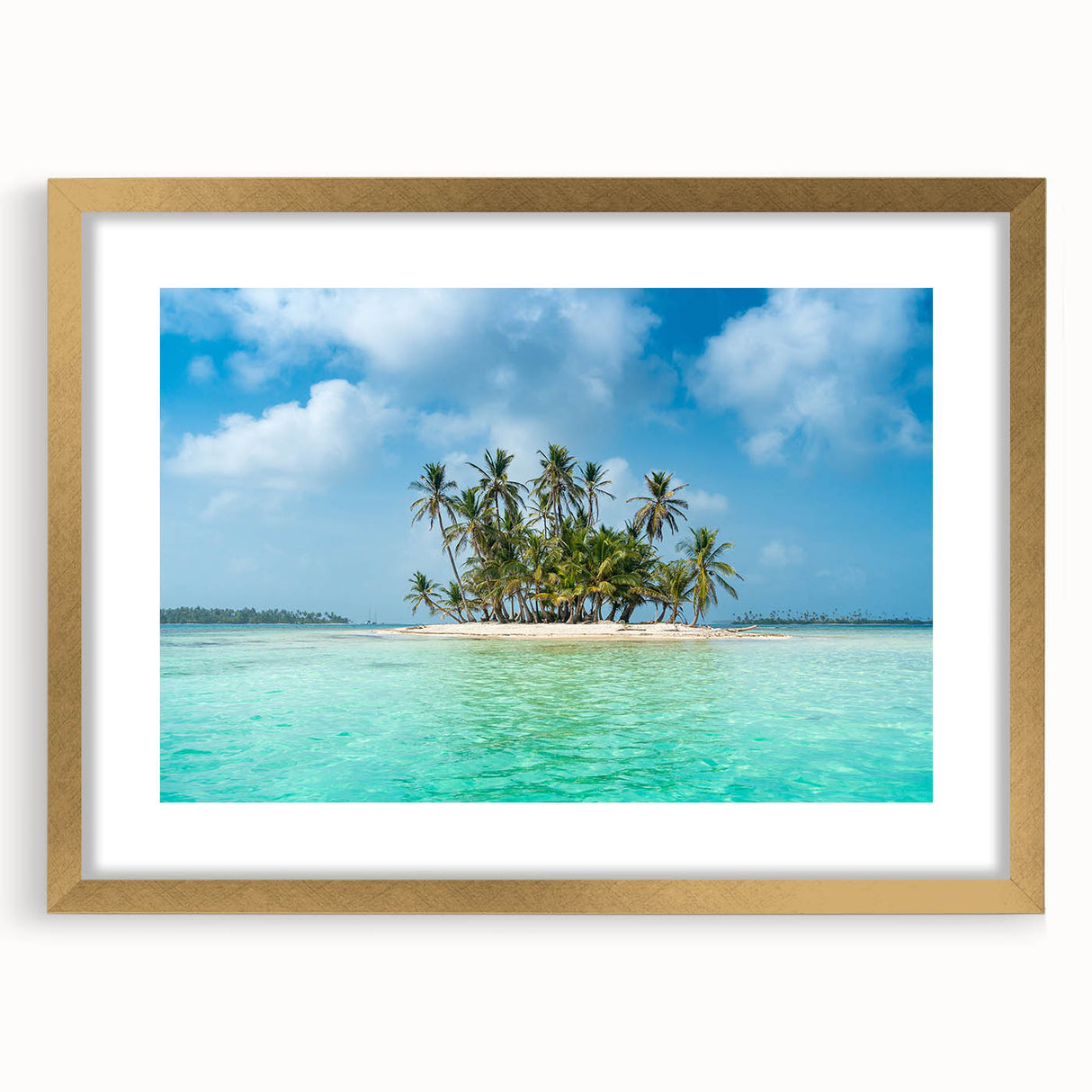 Extra large abstract art print of Central American scenery in gold frame, featuring textured brushstrokes in earthy tones.