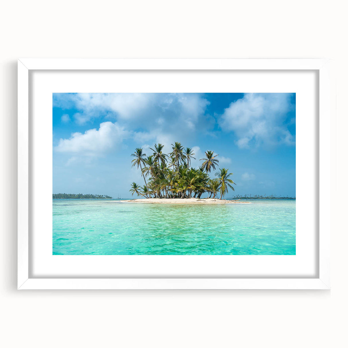 Abstract art print of a Central American scenery in pastel shades, framed with a white mat.