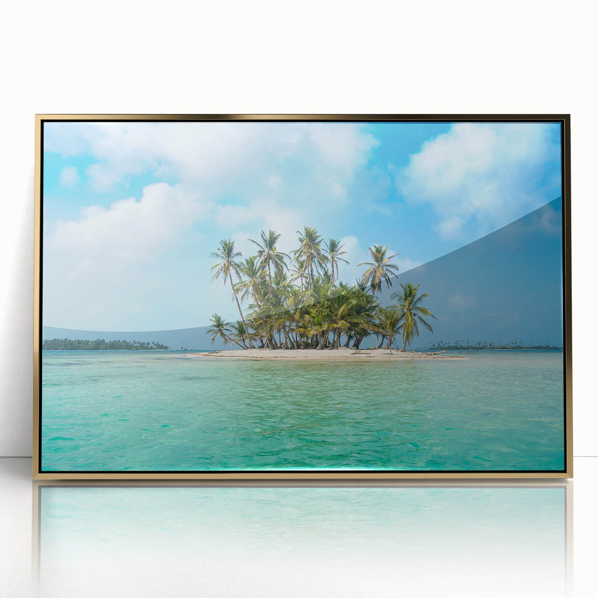 Art deco poster of Panama scenery with vibrant colors on a gold-framed acrylic.