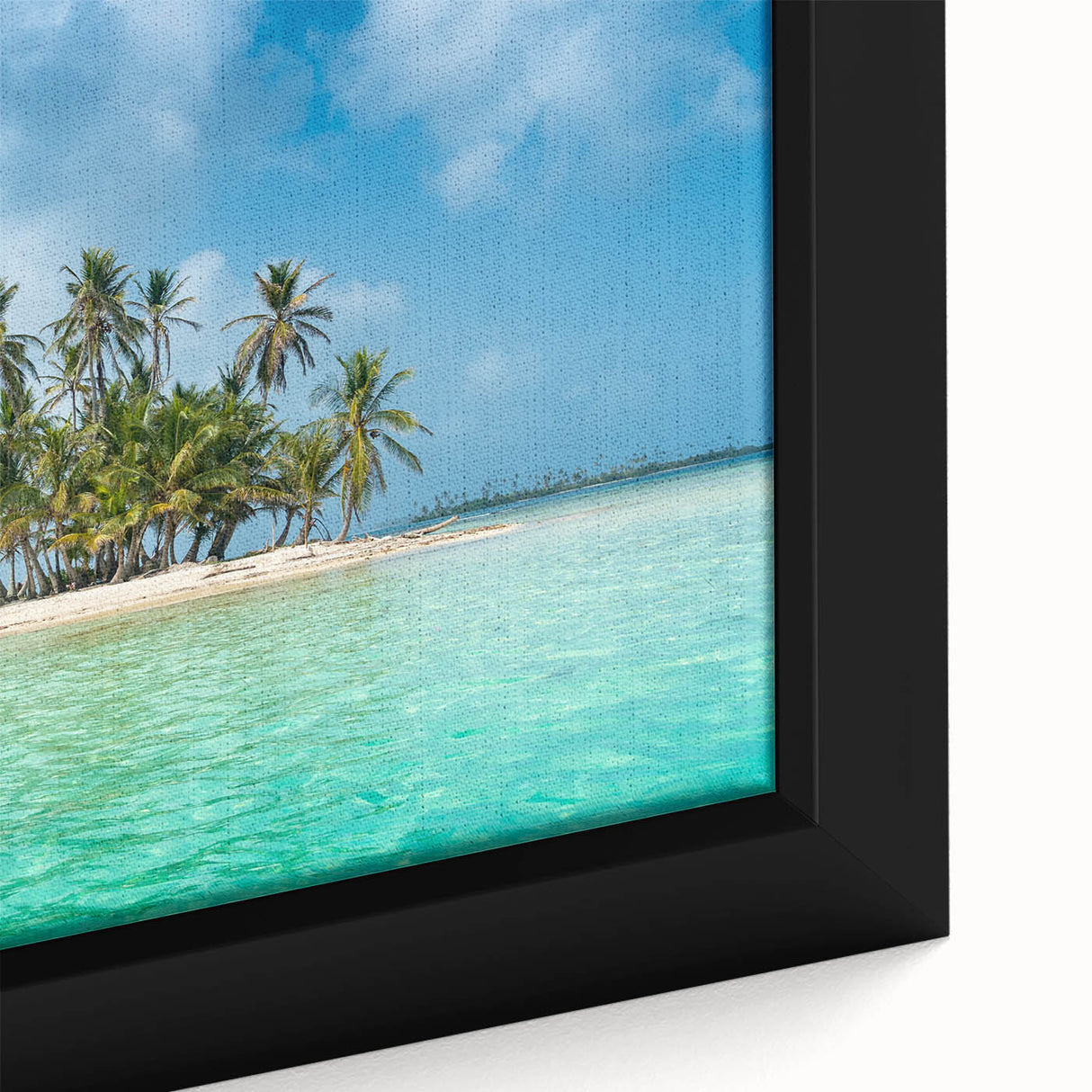 Extra large framed canvas of a textured black wall art featuring a colorful Central American scenery.
