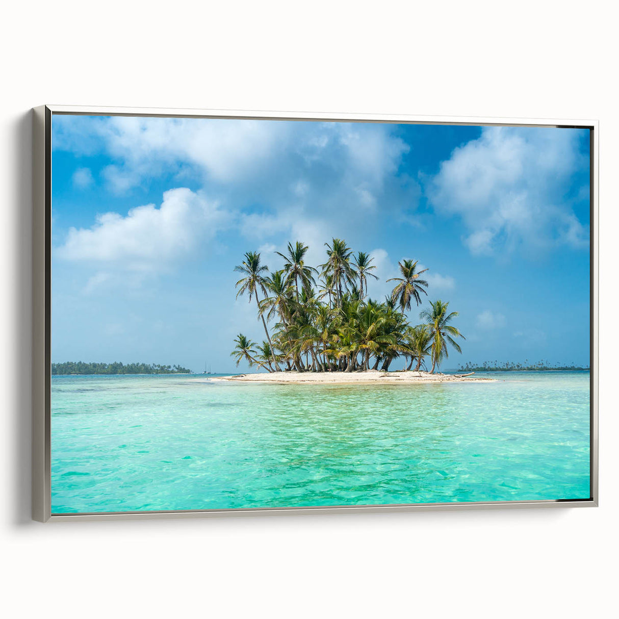 Framed canvas of a vintage-style landscape art painting depicting a colorful Panama scenery.