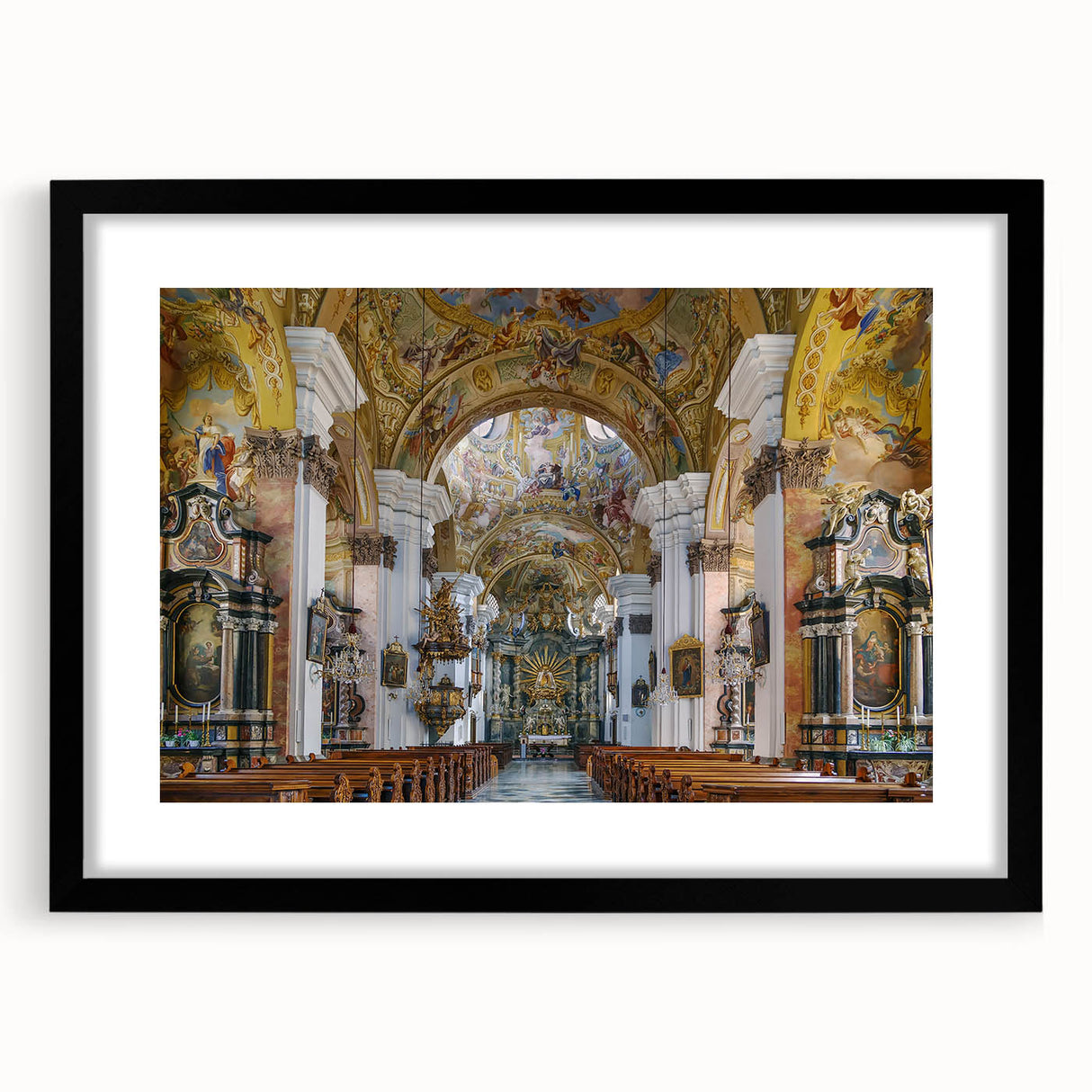 Abstract art print depicting vibrant, colorful textured scenery of a European landscape on a large framed canvas.