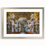 Extra large abstract art print depicting a textured European scenery in muted earth tones on a silver-framed canvas.