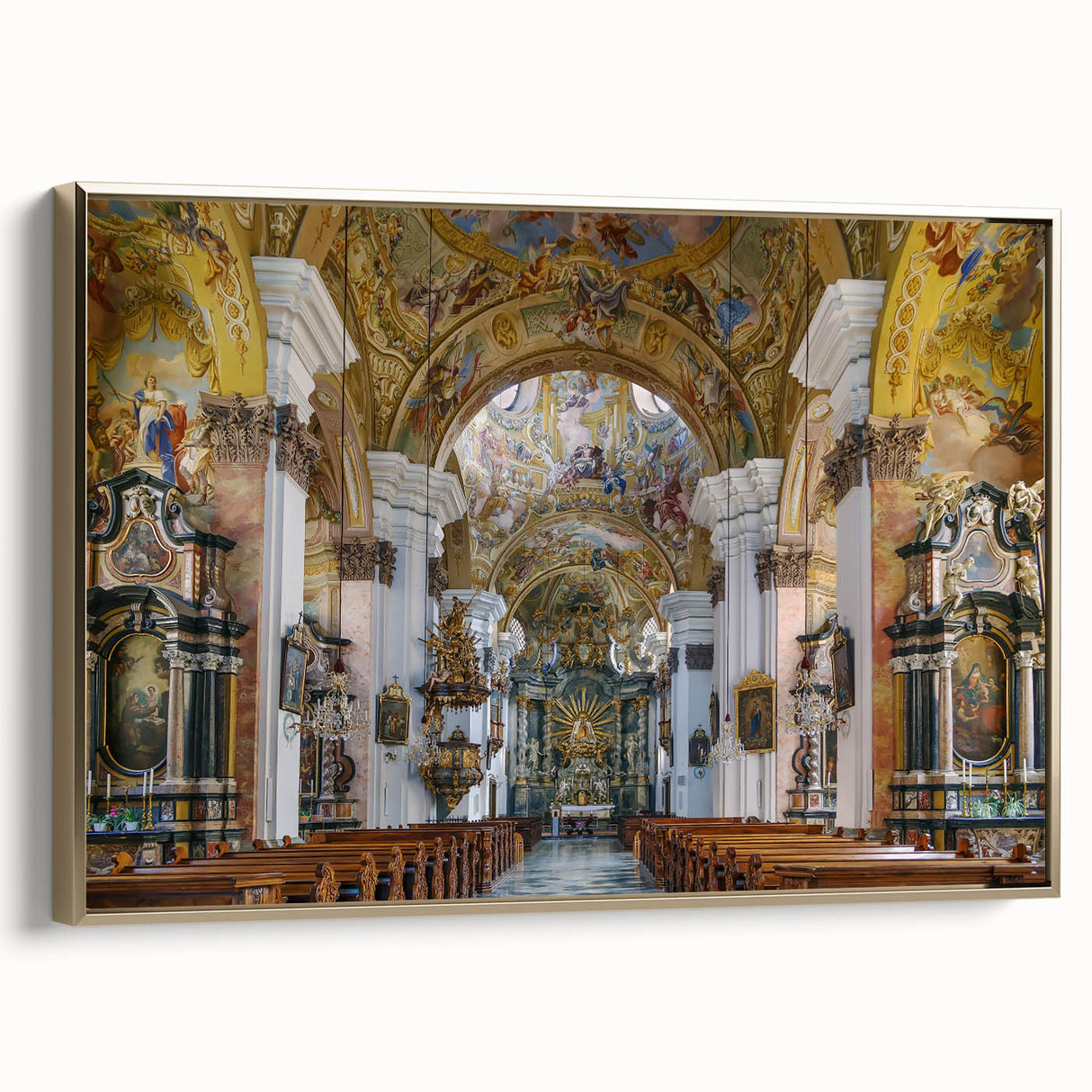 Vintage poster art of a European Austrian landscape on framed canvas, featuring vibrant, colorful imagery.