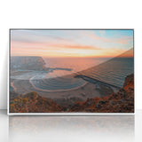 Mid-century modernist art depicting a European Bulgarian scenery in muted earth tones, framed acrylic.