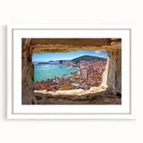 Abstract art print of a Croatian landscape in muted earth tones on a framed white mat, ideal for dining room decor.