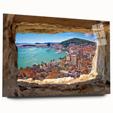 Large abstract wall art of a Croatian landscape in muted earth tones on acrylic glass.