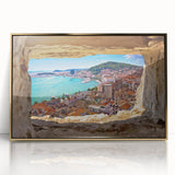Framed acrylic print of a Croatian landscape in muted earth tones, ideal for modern art wall decor.