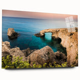 Large abstract wall art featuring a serene European Cyprus landscape in muted green and blue tones on acrylic glass.