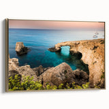 Vintage poster art of a Cyprus landscape on a framed canvas, featuring muted earth tones, ideal for bedroom wall decor.