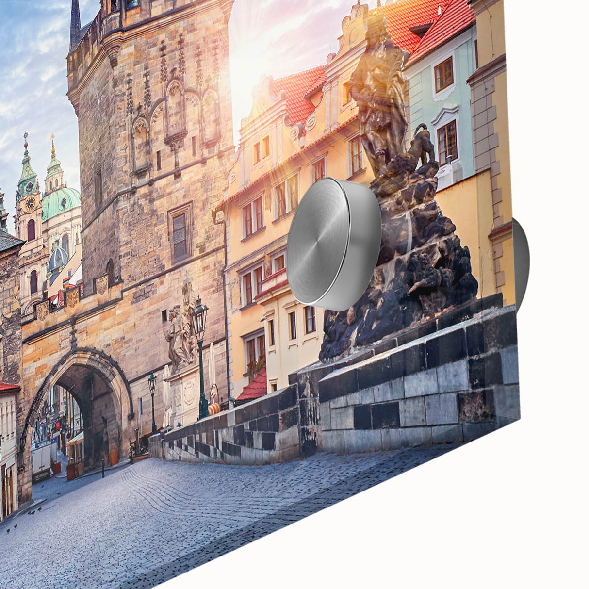 Large abstract wall art of Prague scenery in muted earth tones on acrylic glass, ideal for dining room ambiance.