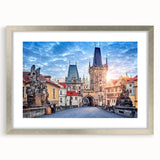 Extra large wall art of abstract Prague scenery in textured silver frame, ideal for living room decor.