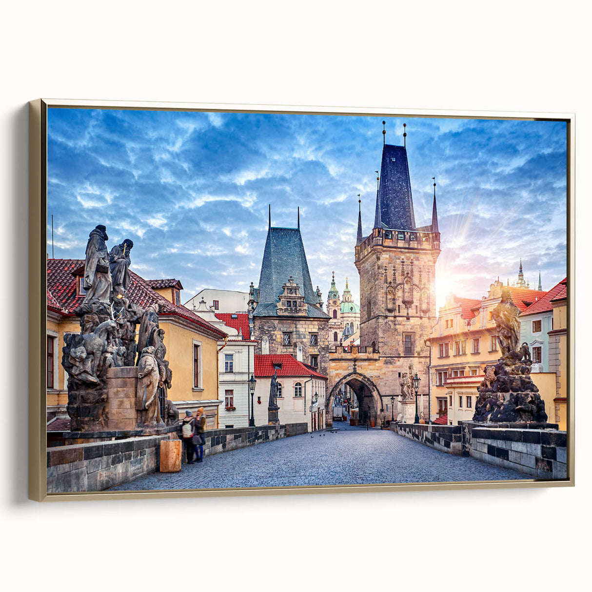 Framed canvas of vintage Prague landscape in black and gold tones, ideal for bedroom wall art.