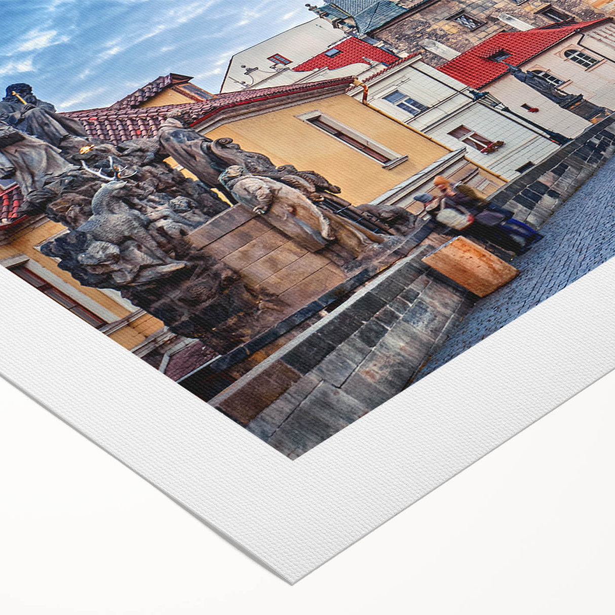Art deco poster of Prague skyline in muted earth tones on rolled canvas, suitable for dining room decor.