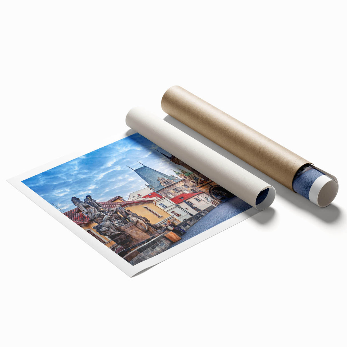 Extra large rolled print of Prague skyline with pastel hues, ideal for classy bathroom wall art.