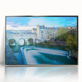Large art print of Bath, England in muted watercolor tones on a silver-framed acrylic, ideal for modern art wall decor.